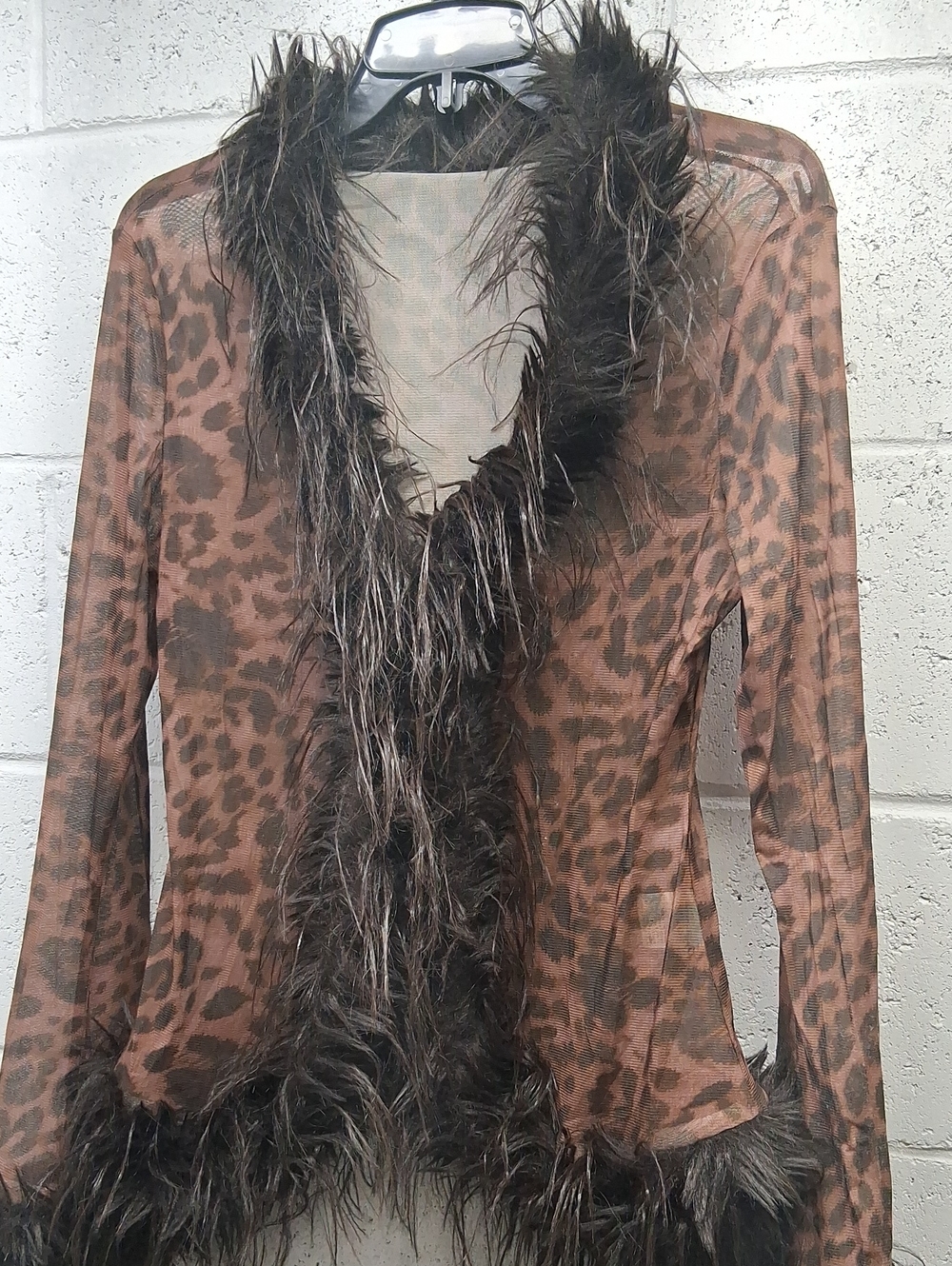 NWOT Faux Fur Trim Leopard Print See Through Cardigan  - Brown - Picture 3 of 6